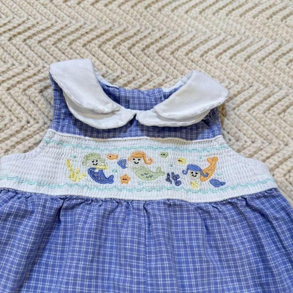 First Moments Romper‎ Baby Girl 3-6 Month Smocked Mermaids Sleeveless Plaid VTG